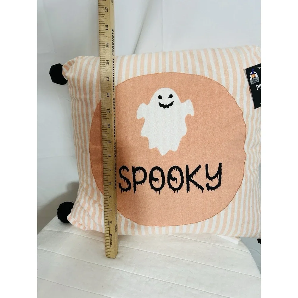 Halloween Throw Pillow Striped Whimsi Cute Ghost Spooky Fall Decor Pastels 14x14